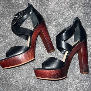 Vince Camuto strappy black leather with wooden heels